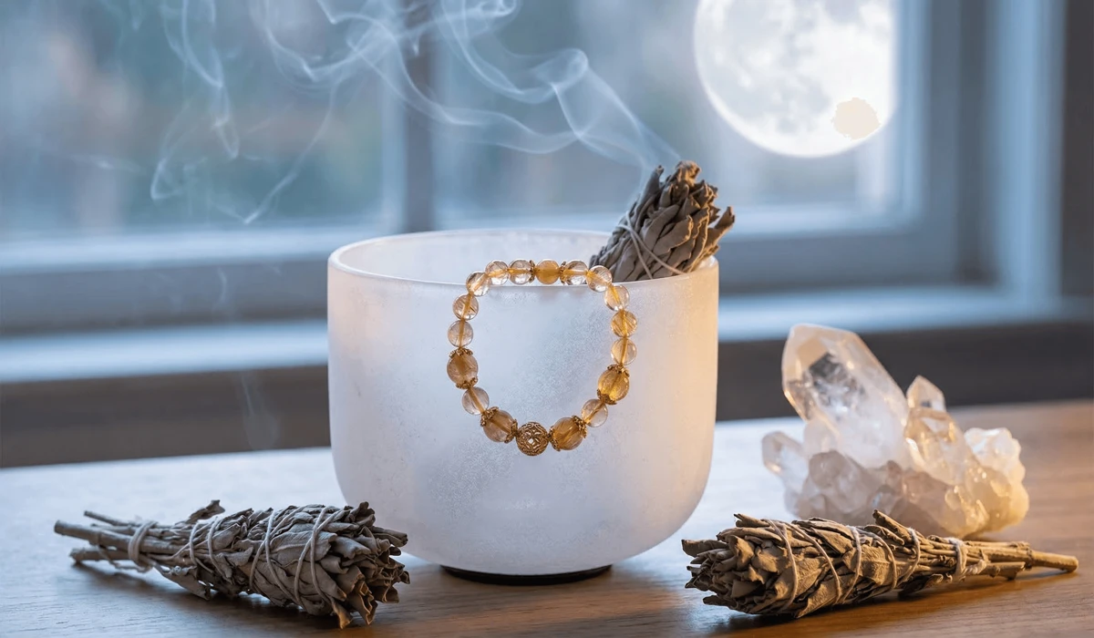 The Meaning and Benefits of Gold Rutilated Quartz Pixiu Bracelets for Wealth 3 - Buddha Bodhis Cleansing and charging a Gold Rutilated Quartz bracelet using a singing bowl and moonlight to reset its energy.