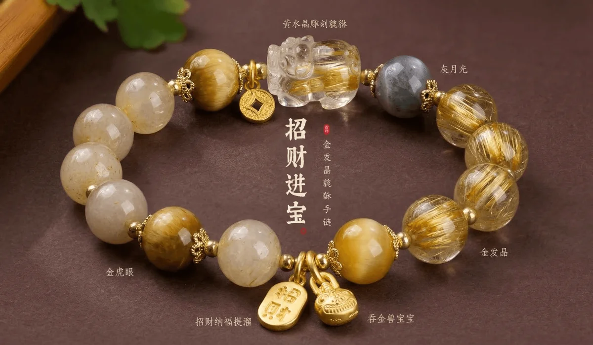 The Meaning and Benefits of Gold Rutilated Quartz Pixiu Bracelets for Wealth - Buddha Bodhis Close-up of a Gold Rutilated Quartz Pixiu bracelet showing dense golden rutile needles and a gold carved Pixiu for wealth attraction.
