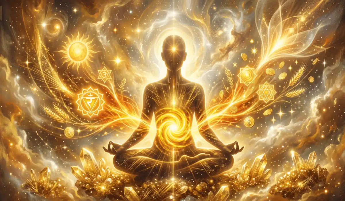 The Meaning and Benefits of Gold Rutilated Quartz Pixiu Bracelets for Wealth 1 - Buddha Bodhis Spiritual illustration of Gold Rutilated Quartz energy activating the Solar Plexus Chakra for personal power and manifestation.