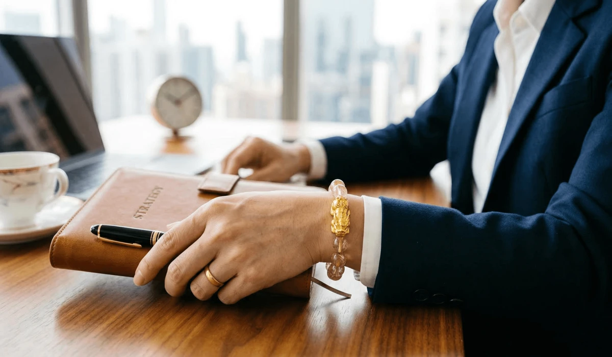 The Meaning and Benefits of Gold Rutilated Quartz Pixiu Bracelets for Wealth 2 - Buddha Bodhis Correct way to wear a Pixiu bracelet on the left hand with the head facing outward for Feng Shui wealth luck.