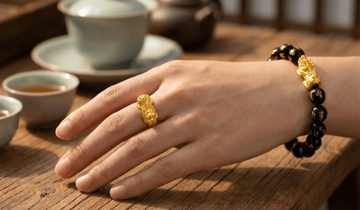 Wearing a Pixiu Ring and Bracelet Together: Rules, Benefits, and Feng Shui Best Practices - Buddha Bodhis Person wearing a gold Pixiu ring and black obsidian Pixiu bracelet together on the left hand, following Feng Shui rules.