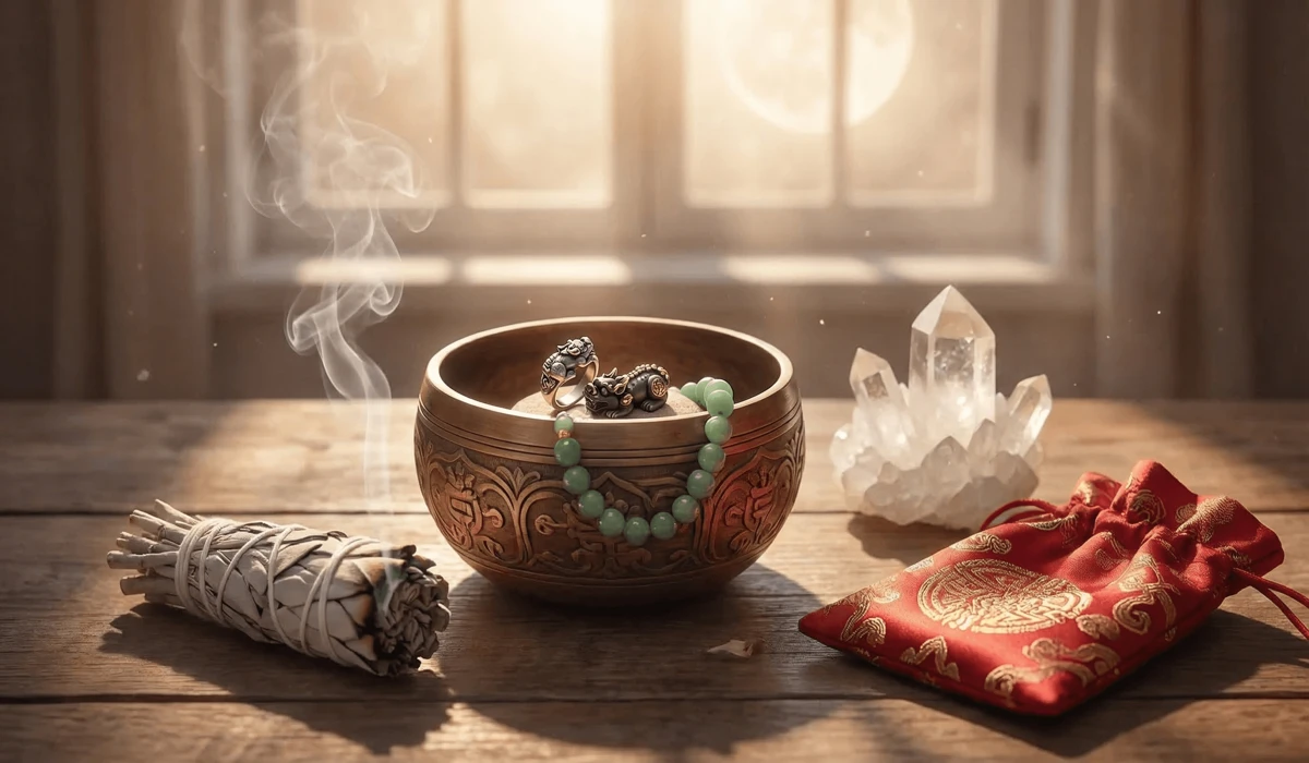Wearing a Pixiu Ring and Bracelet Together: Rules, Benefits, and Feng Shui Best Practices 3 - Buddha Bodhis Cleansing and charging Pixiu jewelry using a singing bowl and sage for spiritual maintenance.