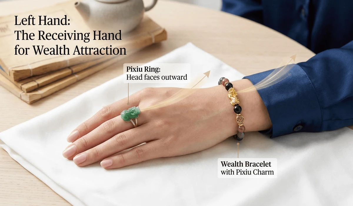 Wearing a Pixiu Ring and Bracelet Together: Rules, Benefits, and Feng Shui Best Practices 2 - Buddha Bodhis Proper orientation of Pixiu ring and bracelet on the left hand for wealth attraction.