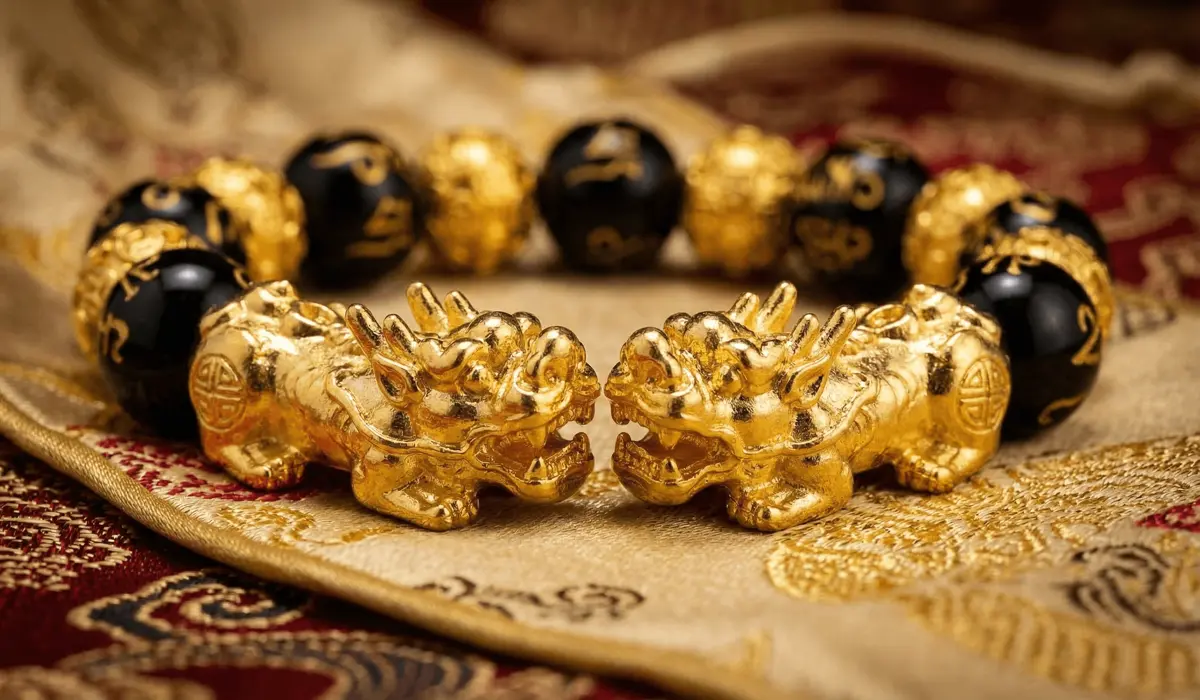 The Meaning and Benefits of the Double Pixiu Bracelet: A Guide to Prosperity - Buddha Bodhis Double Pixiu bracelet with golden charms and black obsidian beads representing wealth attraction and protection.