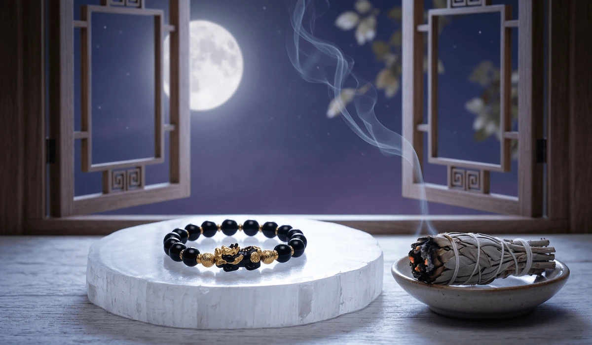 The Meaning and Benefits of the Double Pixiu Bracelet: A Guide to Prosperity 4 - Buddha Bodhis Cleansing and charging a double Pixiu obsidian bracelet with sage and selenite to maintain its spiritual energy.