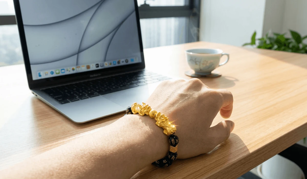 The Meaning and Benefits of the Double Pixiu Bracelet: A Guide to Prosperity 2 - Buddha Bodhis Close-up of a person wearing a double Pixiu bracelet on the left hand according to Feng Shui rules for receiving wealth.