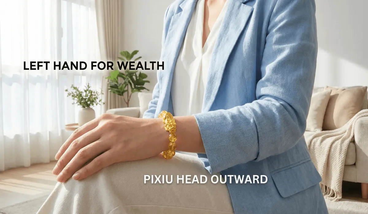Citrine Pixiu Bracelet: Meaning, Benefits, and How to Wear It for Wealth 2 - Buddha Bodhis Proper way to wear a Citrine Pixiu bracelet on the left hand with the Pixiu head facing outward for Feng Shui wealth luck.