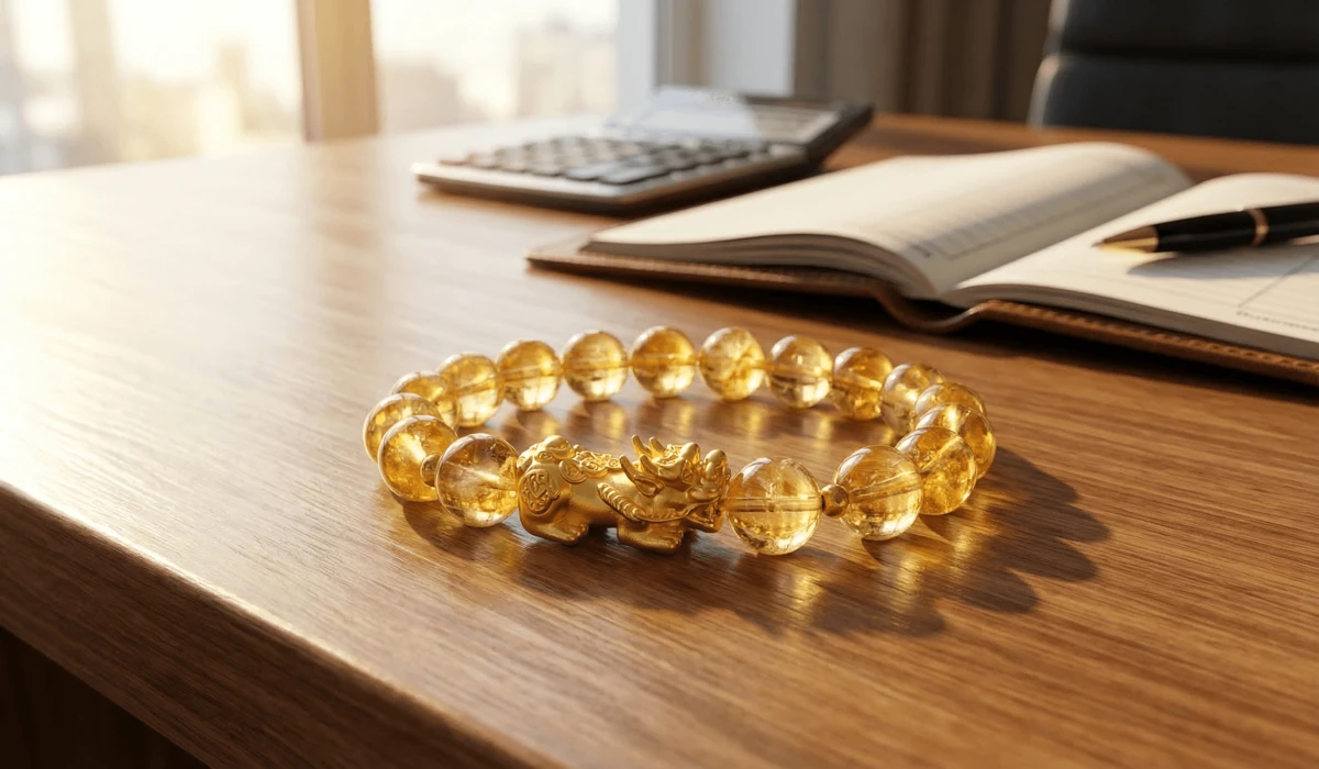 Citrine Pixiu Bracelet: Meaning, Benefits, and How to Wear It for Wealth - Buddha Bodhis A Citrine Pixiu wealth attractor bracelet featuring golden yellow crystal beads and a gold Pi Yao charm on a professional desk.