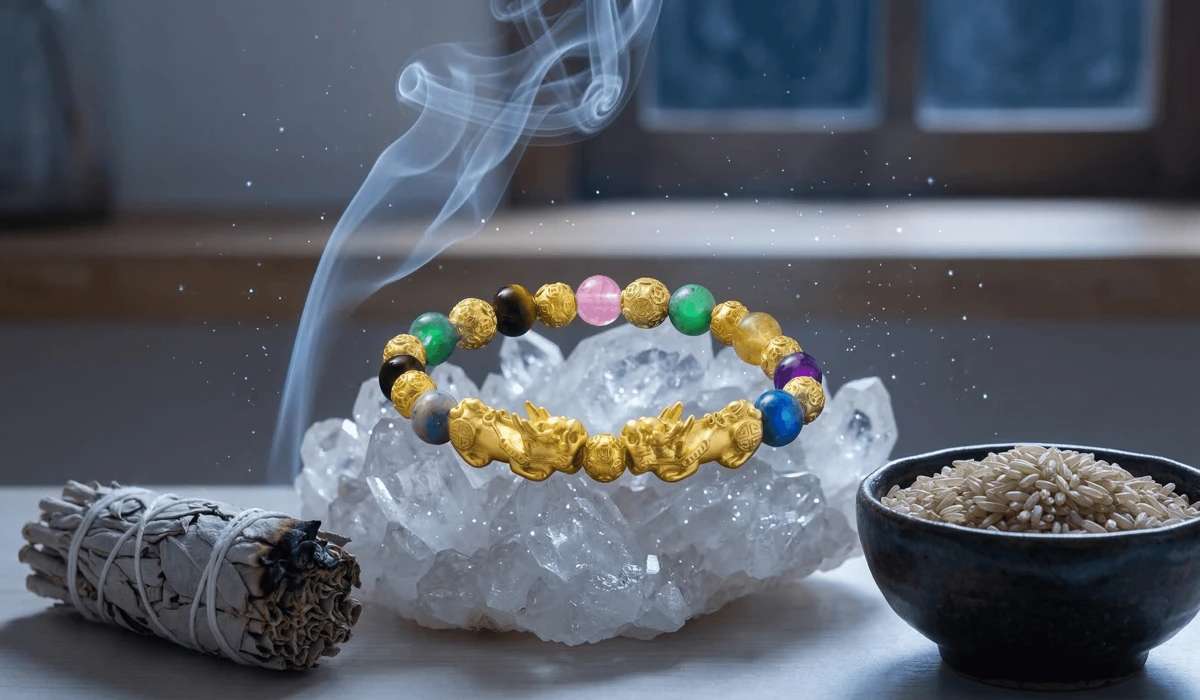 Citrine Pixiu Bracelet: Meaning, Benefits, and How to Wear It for Wealth 3 - Buddha Bodhis Citrine Pixiu bracelet being cleansed with sage smoke and charged on a quartz crystal cluster under moonlight.