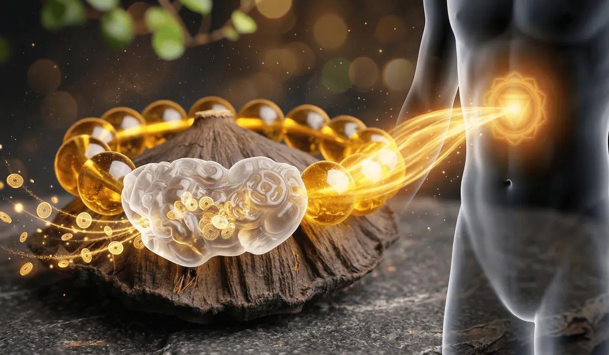 Citrine Pixiu Bracelet: Meaning, Benefits, and How to Wear It for Wealth 1 - Buddha Bodhis Spiritual illustration of Citrine Pixiu bracelet activating the Solar Plexus chakra and attracting financial luck energy.