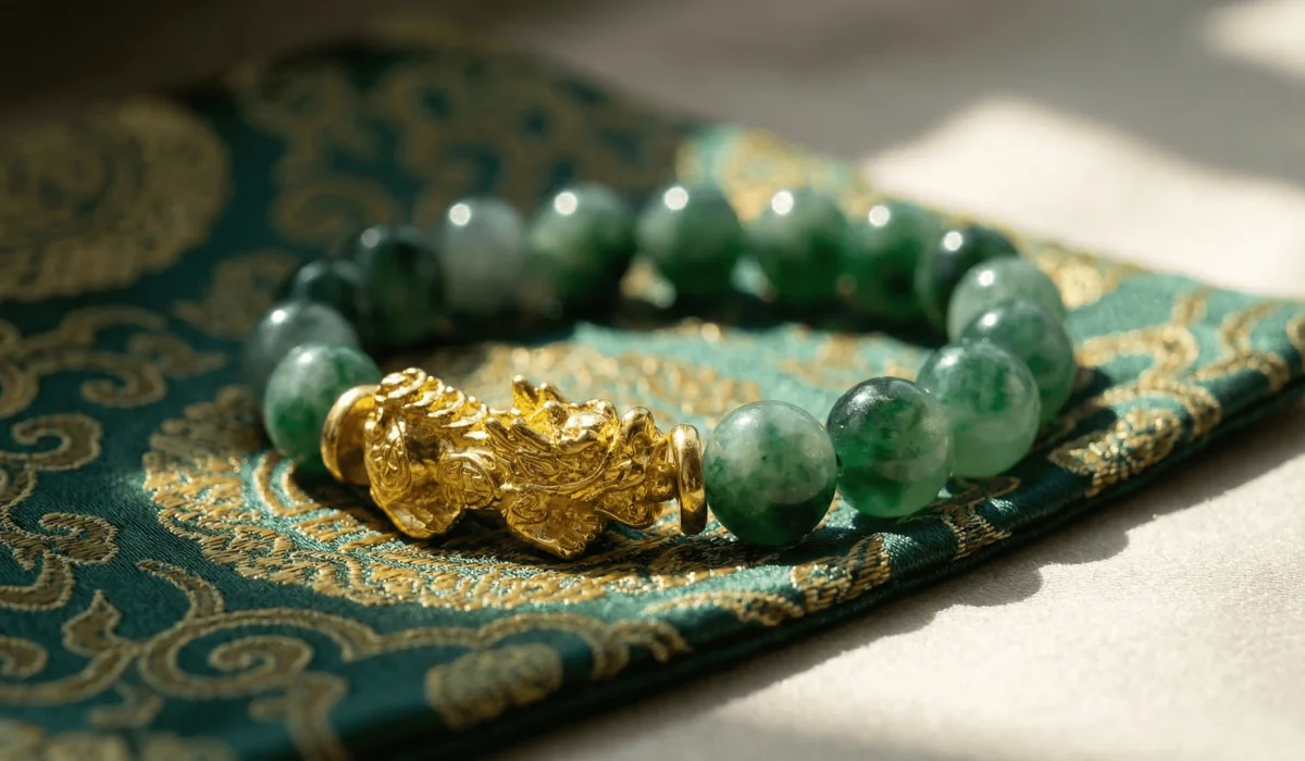 How to Identify a Real Pixiu Bracelet: A Complete Authenticity Guide 2 - Buddha Bodhis Authentic 24k gold and jade Pixiu bracelet displaying intricate hand-carved details and high-quality materials on a silk background.