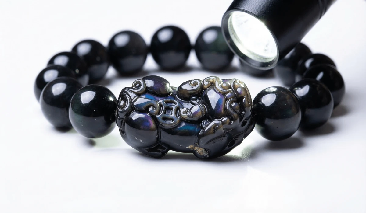 How to Identify a Real Pixiu Bracelet: A Complete Authenticity Guide - Buddha Bodhis A close-up inspection of a real black obsidian Pixiu bracelet showing natural rainbow sheen and authentic stone inclusions under a flashlight.