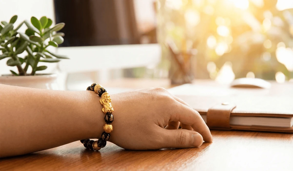 How to Identify a Real Pixiu Bracelet: A Complete Authenticity Guide 3 - Buddha Bodhis A person wearing an authentic Pixiu bracelet on the left hand according to Feng Shui rules for wealth and protection.