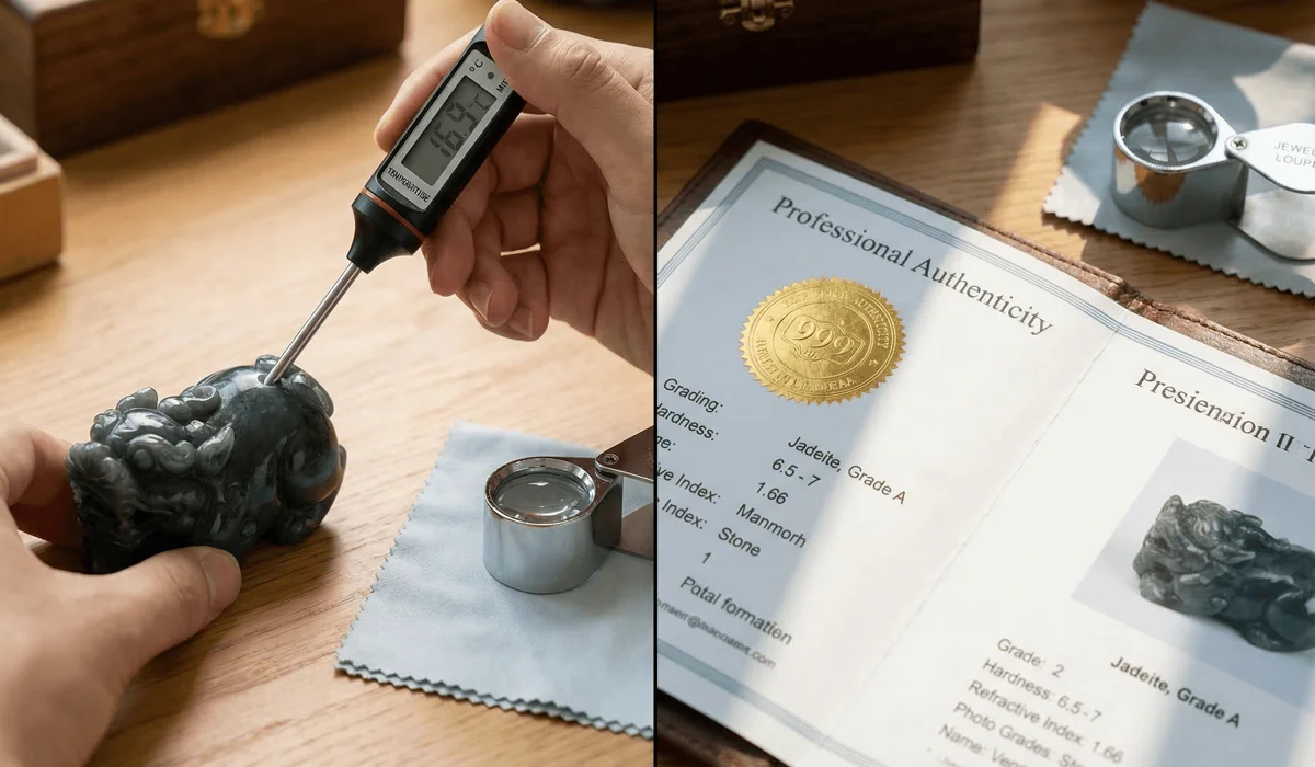 How to Identify a Real Pixiu Bracelet: A Complete Authenticity Guide 4 - Buddha Bodhis Comparison of authenticity tests for Pixiu bracelets including the temperature test and a professional certificate of authenticity.