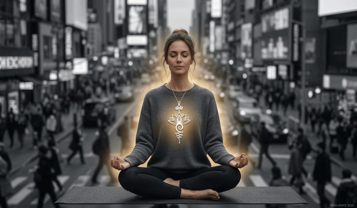 The Spiritual Meaning of the Lotus Flower: Finding Purity in the Mud 2 - Buddha Bodhis A person wearing a lotus pendant as a spiritual anchor and protective talisman against the chaos and digital burnout of modern life.