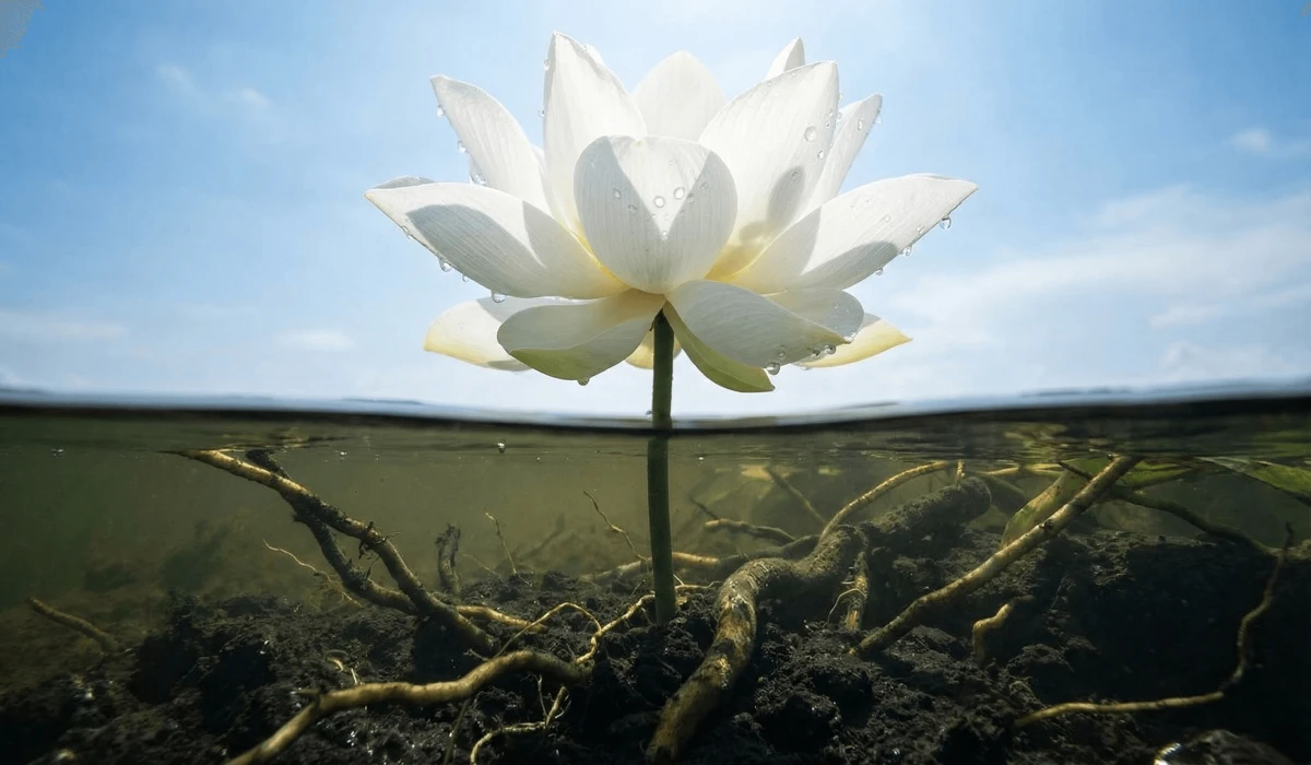 The Spiritual Meaning of the Lotus Flower: Finding Purity in the Mud 1 - Buddha Bodhis A symbolic cross-section of a lotus flower with roots in dark mud and a pure bloom in the sunlight, representing the journey from Samsara to Nirvana.
