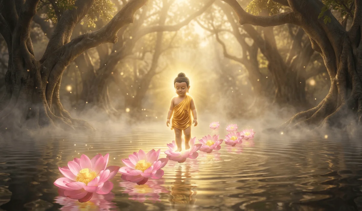 The Spiritual Meaning of the Lotus Flower: Finding Purity in the Mud - Buddha Bodhis An ethereal illustration of lotus flowers blooming from the infant Buddha's first seven steps, symbolizing divine origin and sacred legends.