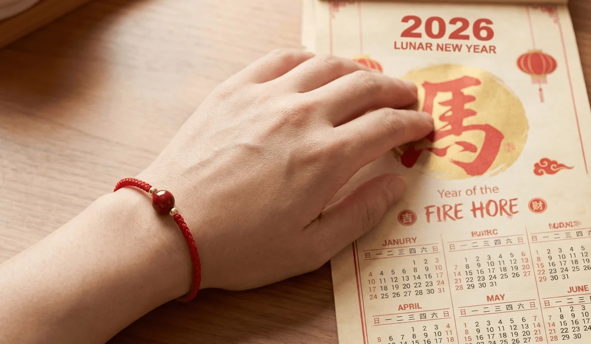 How to Use Cinnabar for Tai Sui Protection: A Practical Guide for Your Zodiac Year 2 - Buddha Bodhis A cinnabar red string bracelet worn on the left hand for Tai Sui protection during the 2026 Fire Horse year.