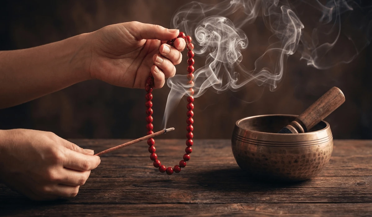 How to Use Cinnabar for Tai Sui Protection: A Practical Guide for Your Zodiac Year 3 - Buddha Bodhis Purifying cinnabar beads using traditional smoke cleansing with sandalwood incense to charge its energy.