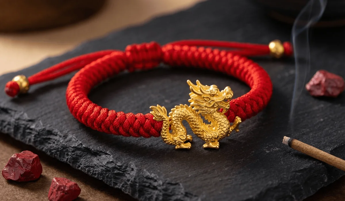 The Meaning and Benefits of Red String Zodiac Bracelets for Your Ben Ming Nian - Buddha Bodhis A handcrafted red string zodiac bracelet with a gold dragon charm, representing Ben Ming Nian protection and traditional Chinese craftsmanship.