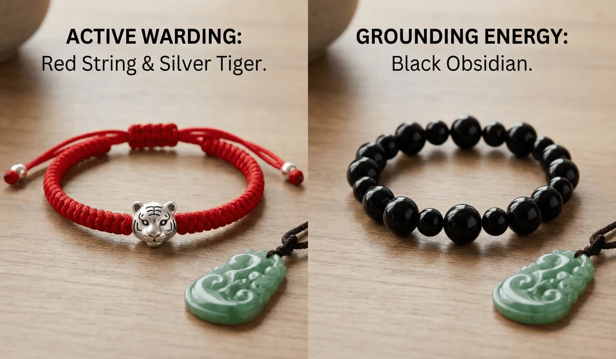 The Meaning and Benefits of Red String Zodiac Bracelets for Your Ben Ming Nian 2 - Buddha Bodhis Comparison between a red string zodiac bracelet for active protection and black obsidian for energy cleansing.