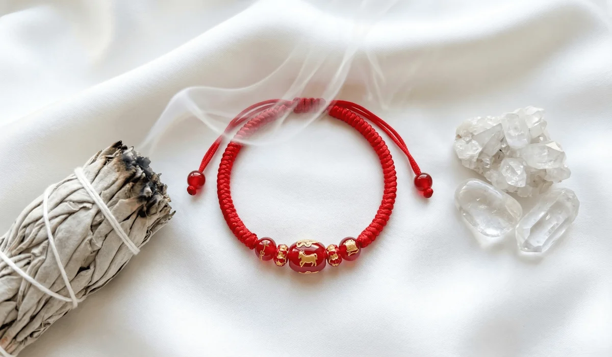 The Meaning and Benefits of Red String Zodiac Bracelets for Your Ben Ming Nian 3 - Buddha Bodhis Cleansing and activating a red string zodiac bracelet using sage smoke and crystals to refresh its protective energy.