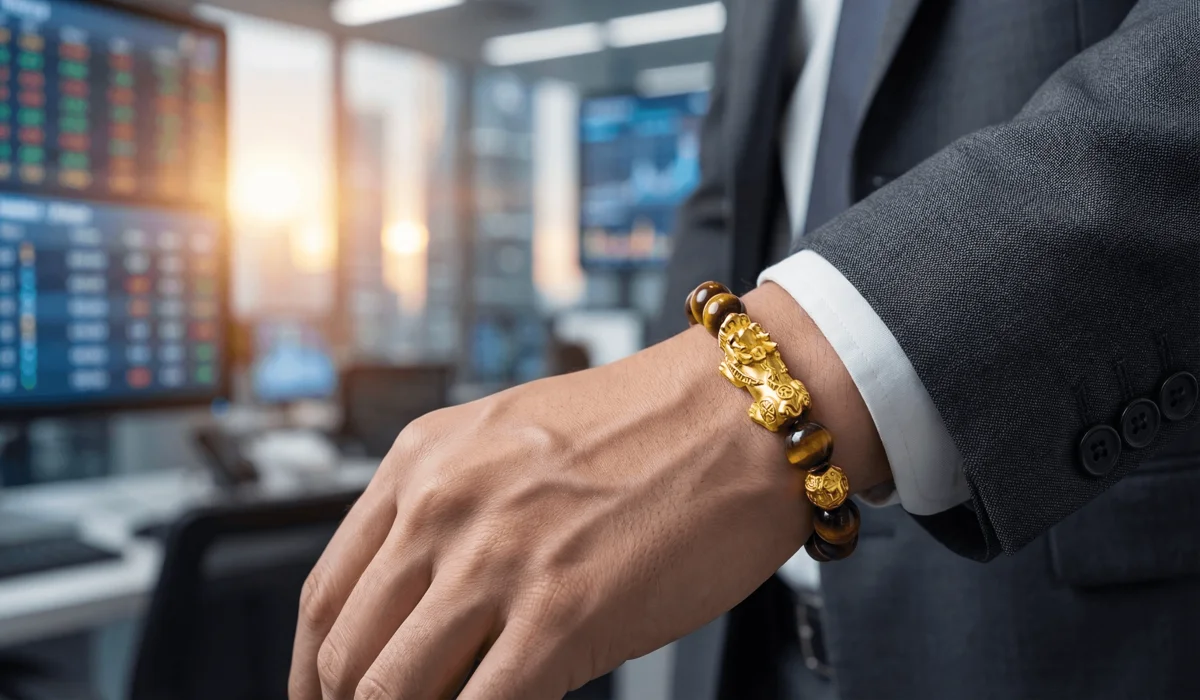 5 Ancient Symbols of Strength and Resilience to Wear for Inner Power 2 - Buddha Bodhis Close-up of a person wearing a Pixiu wealth bracelet and Tiger's Eye stones in a modern office setting to reduce stress and fatigue.