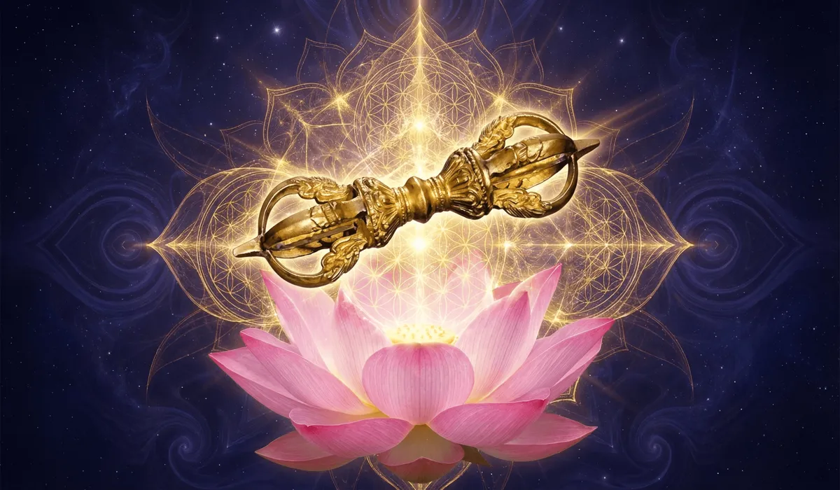 5 Ancient Symbols of Strength and Resilience to Wear for Inner Power 1 - Buddha Bodhis A golden Vajra symbol floating over a lotus, representing spiritual indestructibility and the philosophy of inner power.