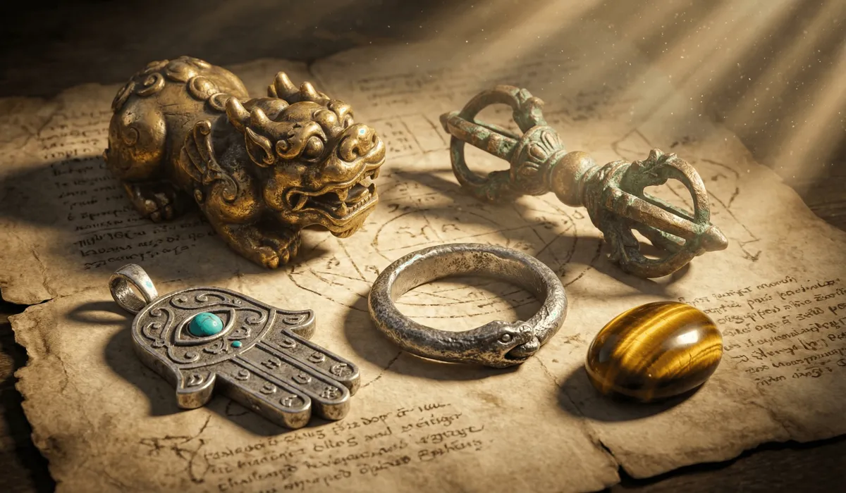 5 Ancient Symbols of Strength and Resilience to Wear for Inner Power - Buddha Bodhis A collection of five ancient symbols of strength: Pixiu, Vajra, Hamsa, Ouroboros, and Tiger's Eye resting on vintage parchment.
