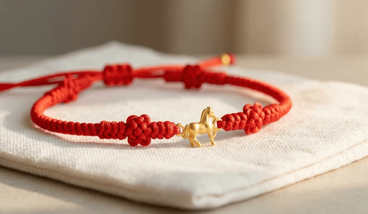 2026 Ben Ming Nian Guide: Rules for Wearing Red String and Protection Jewelry - Buddha Bodhis Traditional red string belly chain with gold horse charm and protective knots for 2026 Ben Ming Nian.