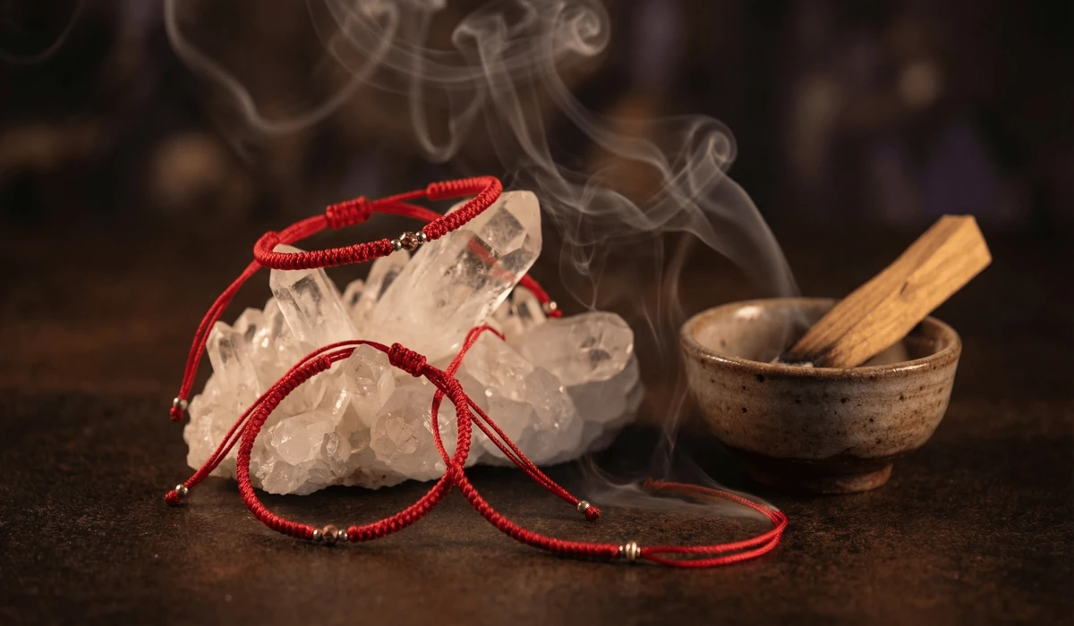 2026 Ben Ming Nian Guide: Rules for Wearing Red String and Protection Jewelry 3 - Buddha Bodhis Red string jewelry being cleansed on a quartz crystal with incense smoke for spiritual charging.