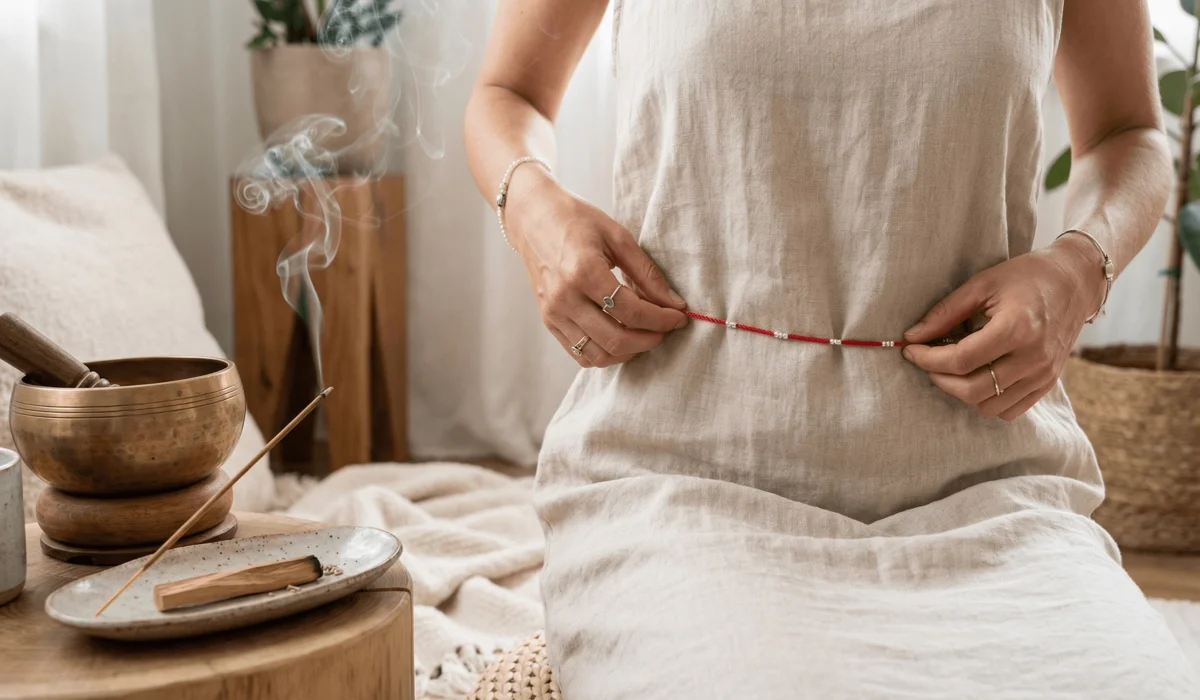 2026 Ben Ming Nian Guide: Rules for Wearing Red String and Protection Jewelry 2 - Buddha Bodhis A woman putting on a red string belly chain as a spiritual protection ritual for the 2026 lunar year.
