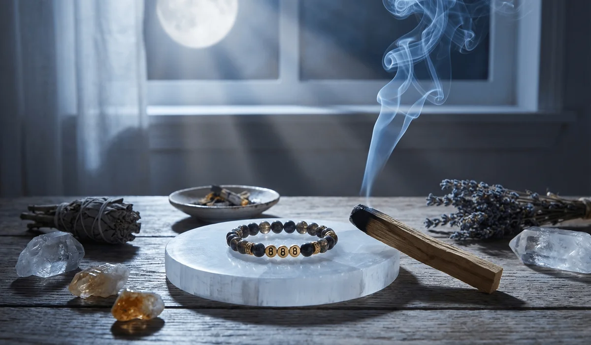 888 Angel Number Bracelet Meaning: Symbolism for Abundance and Prosperity 4 - Buddha Bodhis 888 angel number bracelet being cleansed with Palo Santo smoke on a selenite plate to recharge its spiritual energy for manifestation.