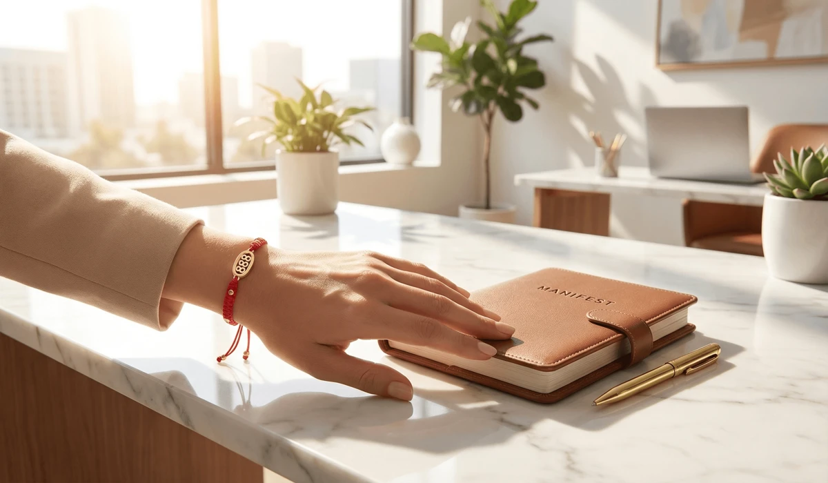 888 Angel Number Bracelet Meaning: Symbolism for Abundance and Prosperity 3 - Buddha Bodhis A woman wearing an 888 angel number bracelet on her left hand in a professional setting to attract wealth and career success.