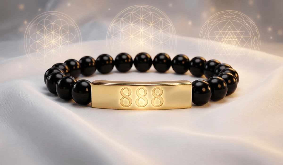 888 Angel Number Bracelet Meaning: Symbolism for Abundance and Prosperity - Buddha Bodhis Detailed close-up of an 888 angel number bracelet with gold engraving and obsidian beads representing numerology for abundance and money.