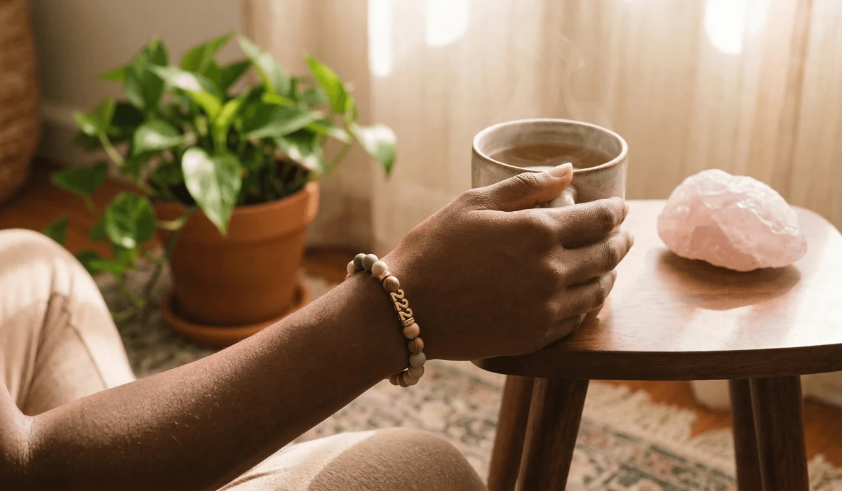 222 Angel Number Bracelet Meaning: Spiritual Alignment, Harmony, and Balance 2 - Buddha Bodhis Woman wearing a 222 angel number bracelet for mindfulness and inner peace during daily routine.