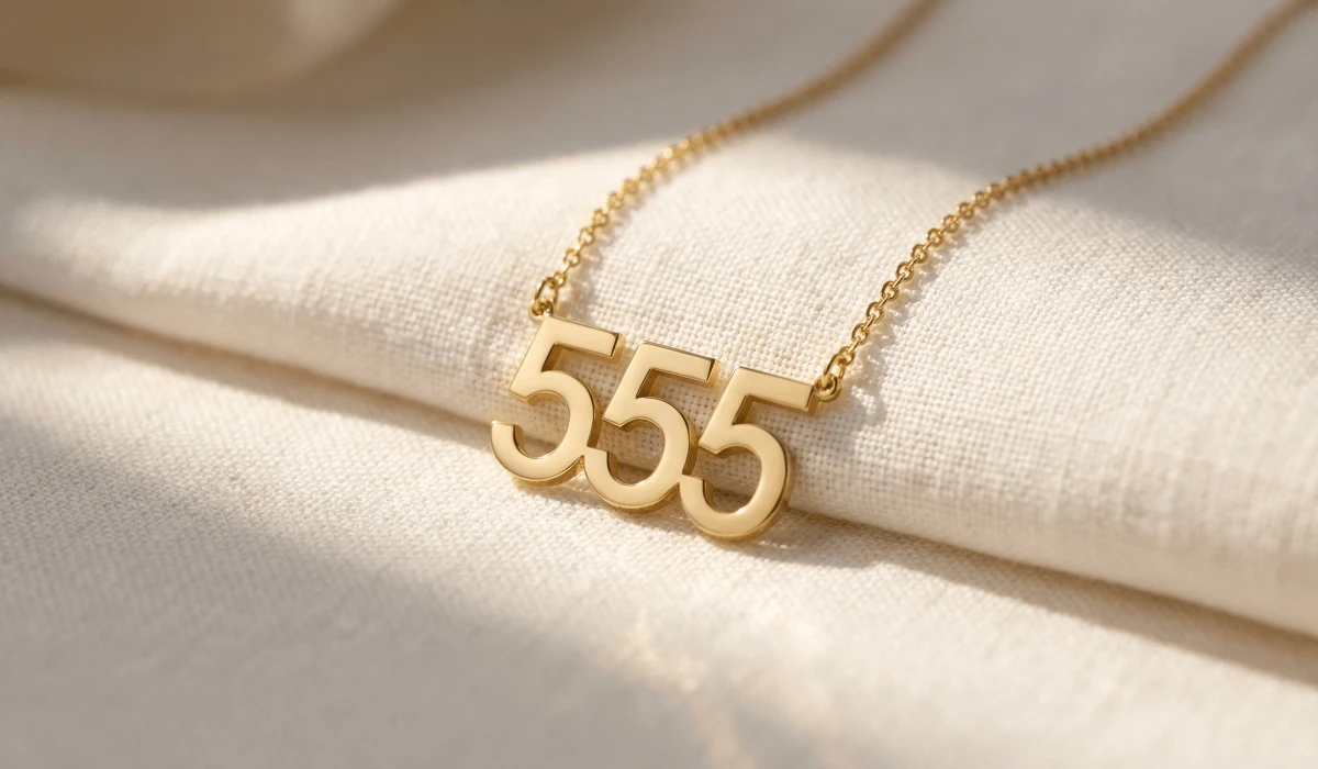The Meaning of 555 Angel Number Jewelry: Embracing Change and Transformation - Buddha Bodhis A minimalist gold 555 angel number necklace symbolizing change and personal transformation.