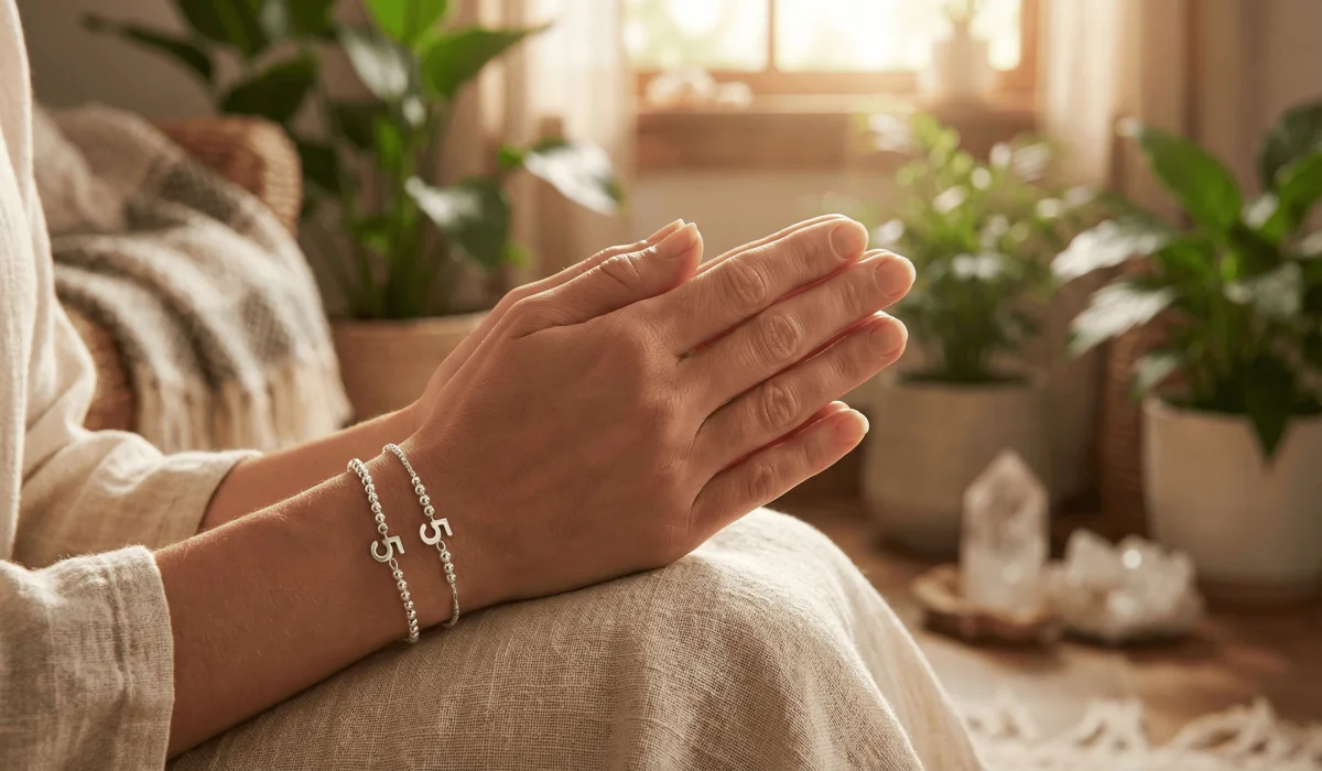 The Meaning of 555 Angel Number Jewelry: Embracing Change and Transformation 2 - Buddha Bodhis A person wearing a 555 angel number bracelet on the left hand to manifest positive life changes.