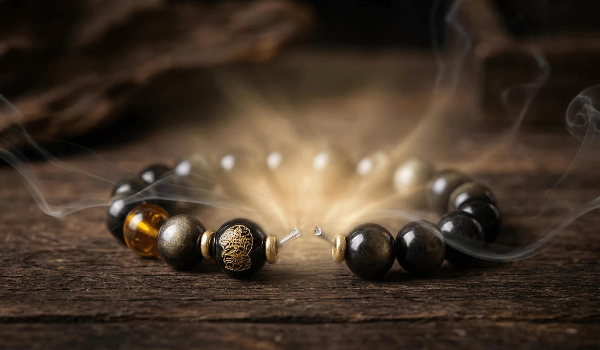 Understanding the Spiritual Meaning of a Broken Gold Sheen Obsidian Bracelet 1 - Buddha Bodhis A snapped Gold Sheen Obsidian bracelet on a wooden surface with symbolic golden light representing completed spiritual protection.
