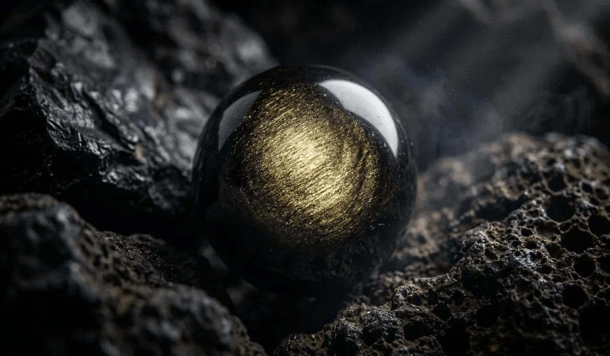 Understanding the Spiritual Meaning of a Broken Gold Sheen Obsidian Bracelet - Buddha Bodhis A close-up shot of a Gold Sheen Obsidian bead showing its unique golden shimmer and volcanic glass texture.