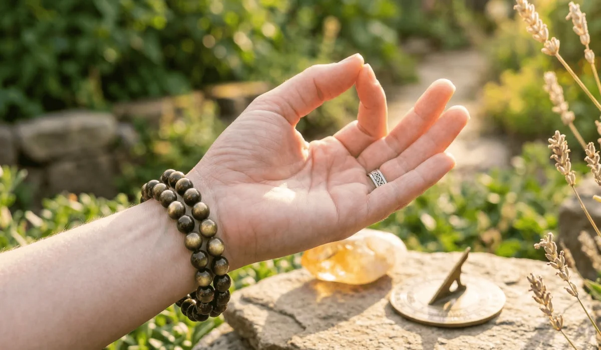 Understanding the Spiritual Meaning of a Broken Gold Sheen Obsidian Bracelet 2 - Buddha Bodhis A person wearing a Gold Sheen Obsidian bracelet on their left hand for spiritual grounding and energy protection.