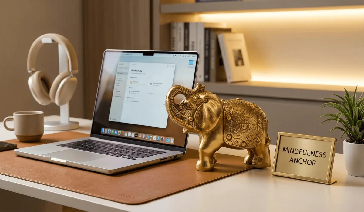 Feng Shui Elephant Meaning: Symbolism and Placement for Your Home 2 - Buddha Bodhis A brass elephant statue on a modern office desk used as a Feng Shui anchor for grounding and reducing digital stress.