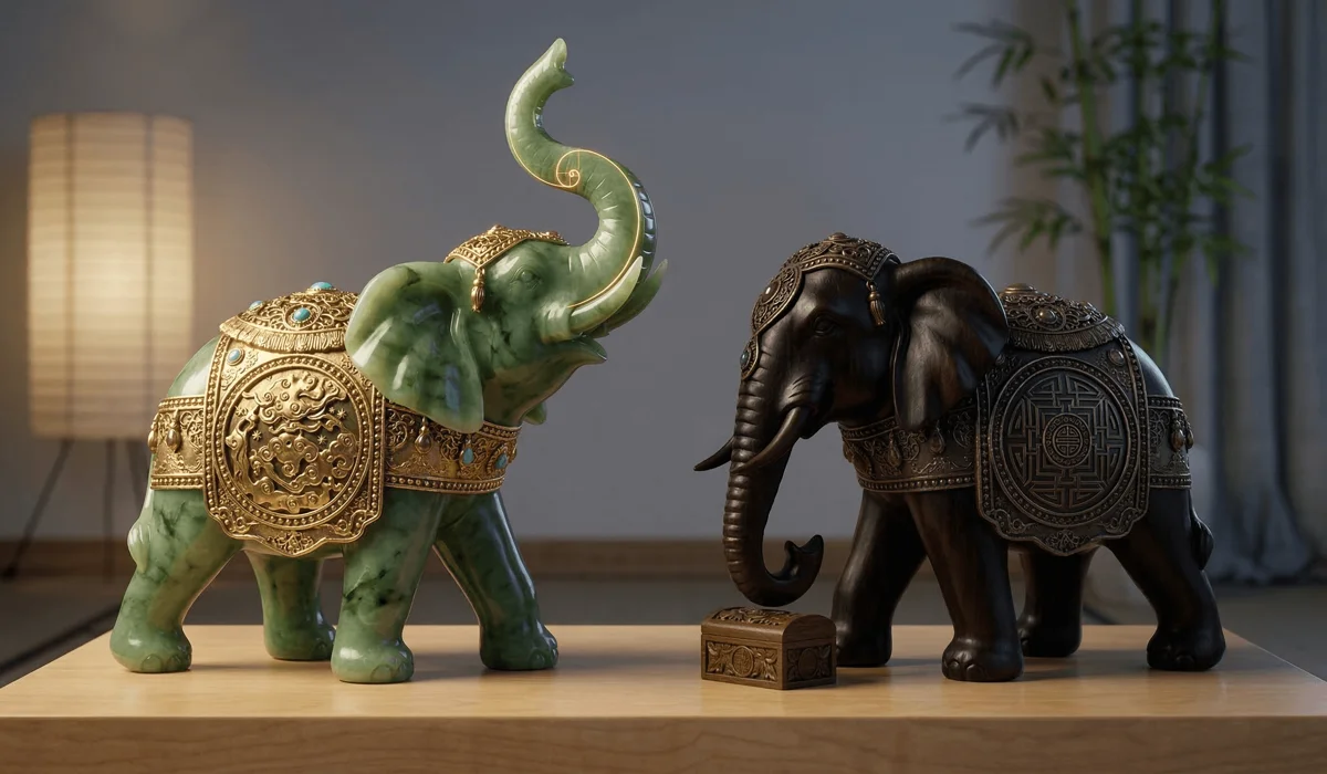 Feng Shui Elephant Meaning: Symbolism and Placement for Your Home 1 - Buddha Bodhis Comparison of Feng Shui elephant statues showing the trunk up for good luck and trunk down for stability and wisdom.