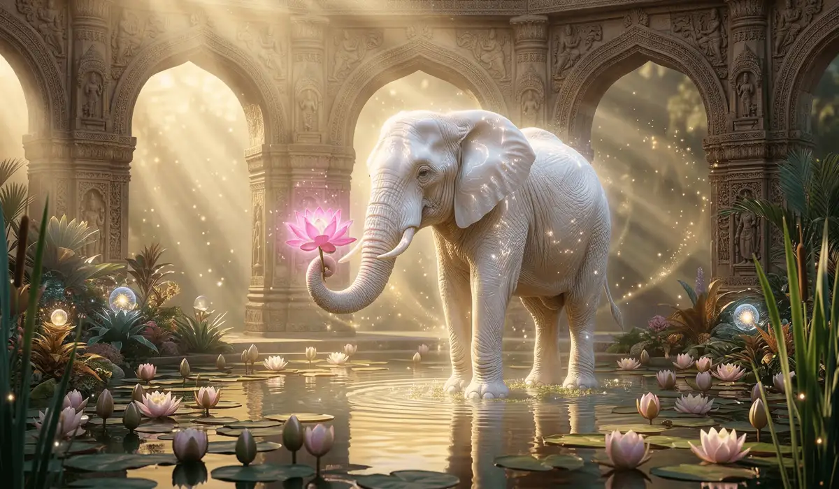 Feng Shui Elephant Meaning: Symbolism and Placement for Your Home - Buddha Bodhis Sacred white elephant with a lotus flower symbolizing the ancient Buddhist origins and spiritual wisdom.