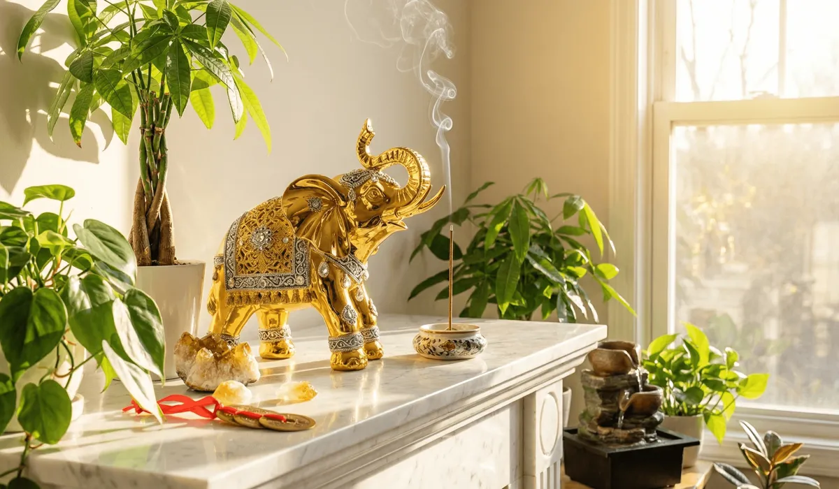 Feng Shui Elephant Meaning: Symbolism and Placement for Your Home 3 - Buddha Bodhis Proper Feng Shui placement of an elephant statue on an elevated mantle to honor its sacred status and attract wealth.