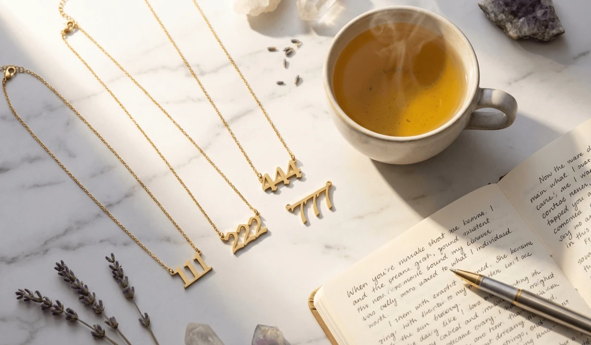 How to Choose the Right Angel Number to Wear for Your Intentions? - Buddha Bodhis A collection of gold angel number necklaces on a marble surface, representing the process of identifying a personal angel number.