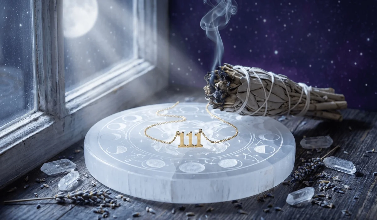 How to Choose the Right Angel Number to Wear for Your Intentions? 3 - Buddha Bodhis An angel number necklace being cleansed with sage and charged on a selenite plate under moonlight.