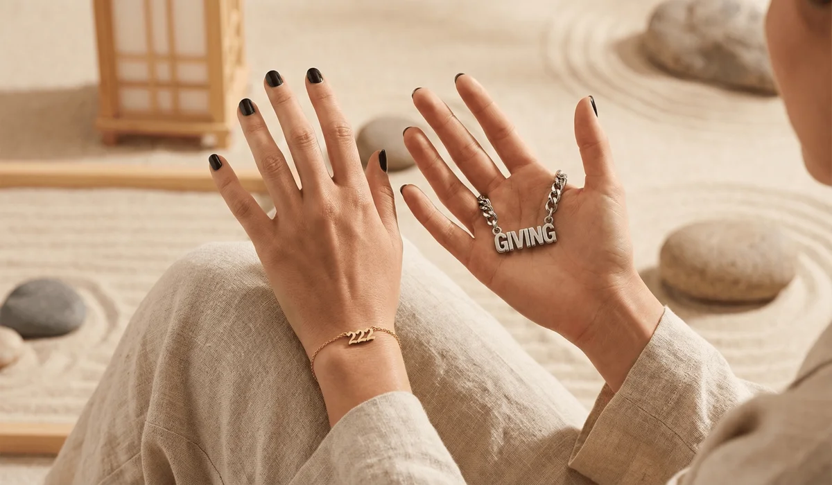 How to Choose the Right Angel Number to Wear for Your Intentions? 2 - Buddha Bodhis A woman demonstrating how to wear angel number jewelry on the left and right hands for different spiritual intentions.