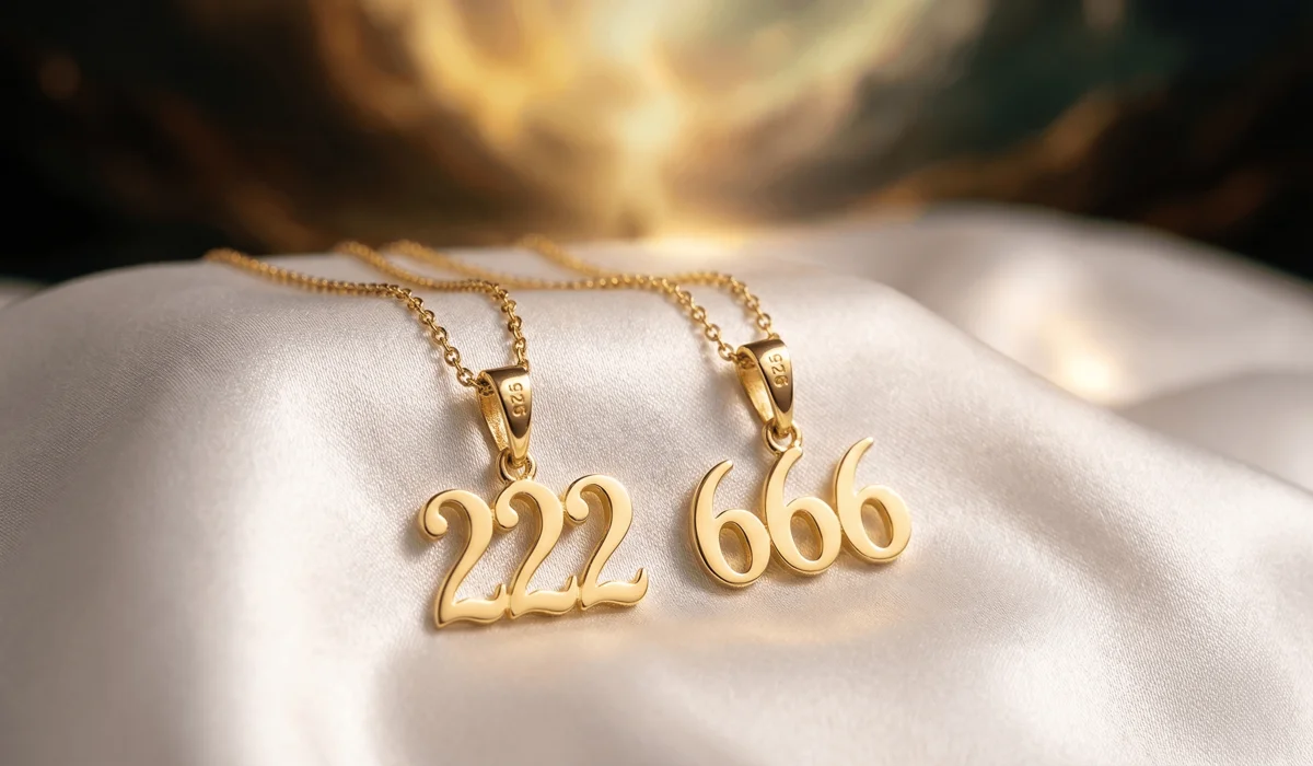 The Most Powerful Angel Numbers for Love, Soulmates, and Twin Flames - Buddha Bodhis Comparison of 222 and 666 angel number necklaces in 18k gold vermeil for romantic destiny manifestation.