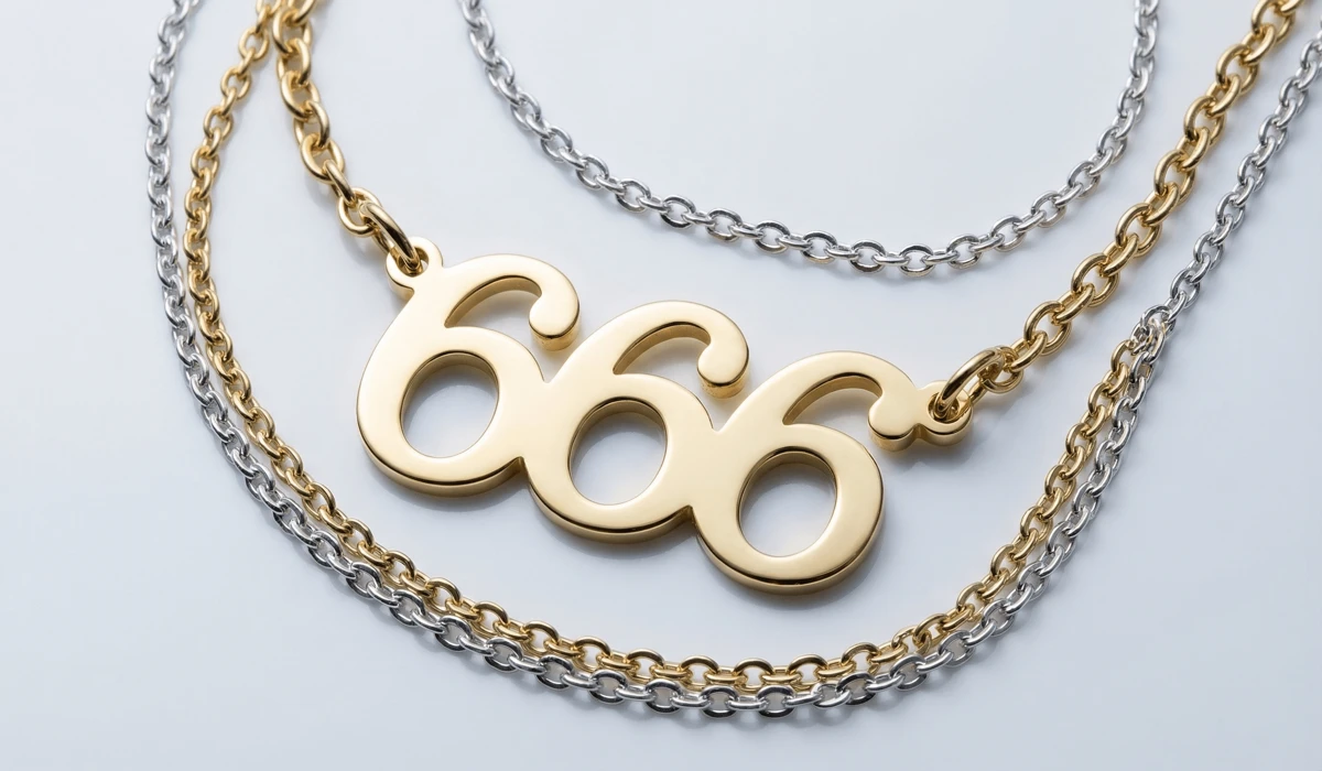 The Most Powerful Angel Numbers for Love, Soulmates, and Twin Flames 2 - Buddha Bodhis Macro shot of high-quality 666 angel number jewelry in gold and silver, emphasizing material quality and styling.